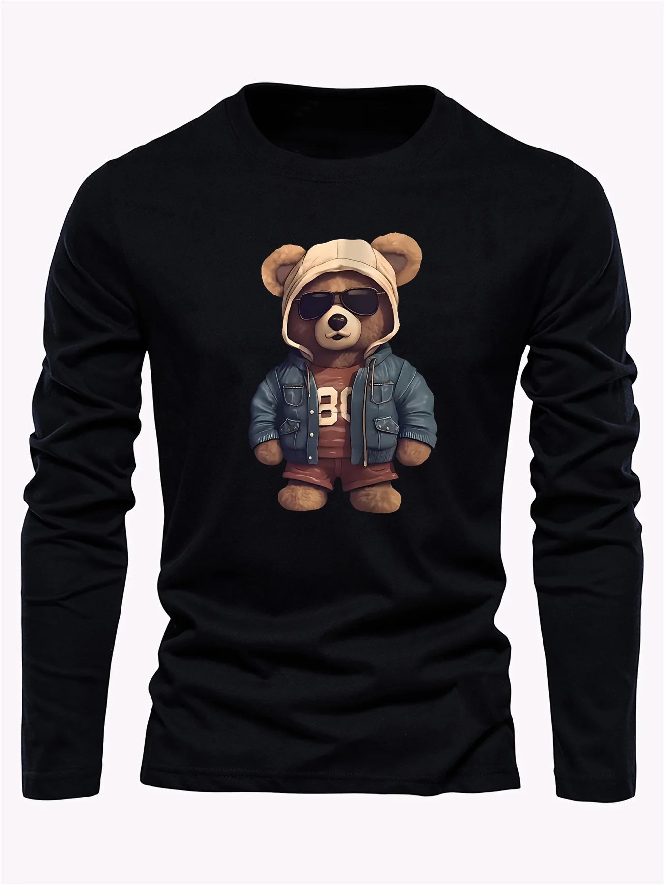 Men's casual long sleeved round neck loose bear pattern printed autumn and winter T-shirt top versatile