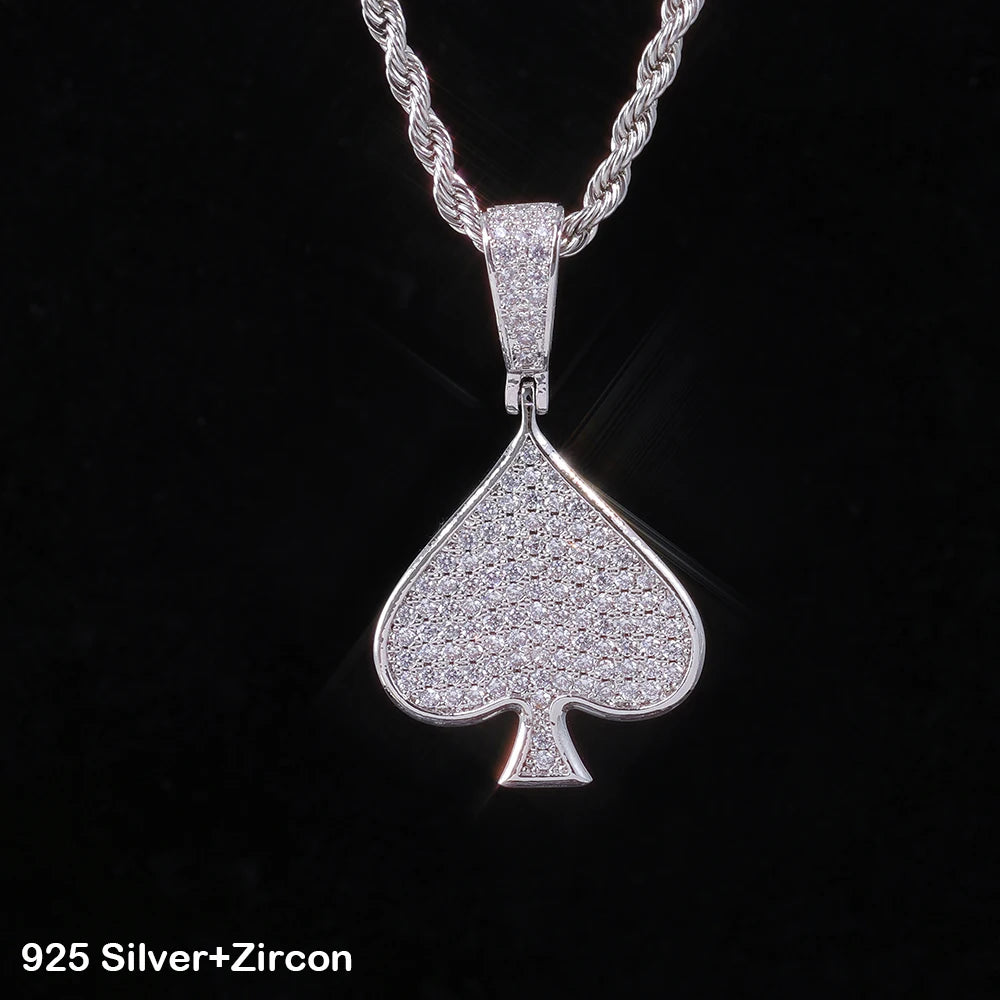 Iced Out VVVS Moissanite Ace Spade Pendant 925 Sterling Silver Poker Sign Charm Pendant