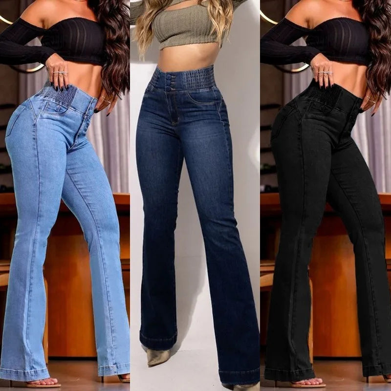Retro Elastic High-Waist Jeans Slim Bootcut Butt-Lifting Tummy Control Curvy-Friendly Denim Trousers