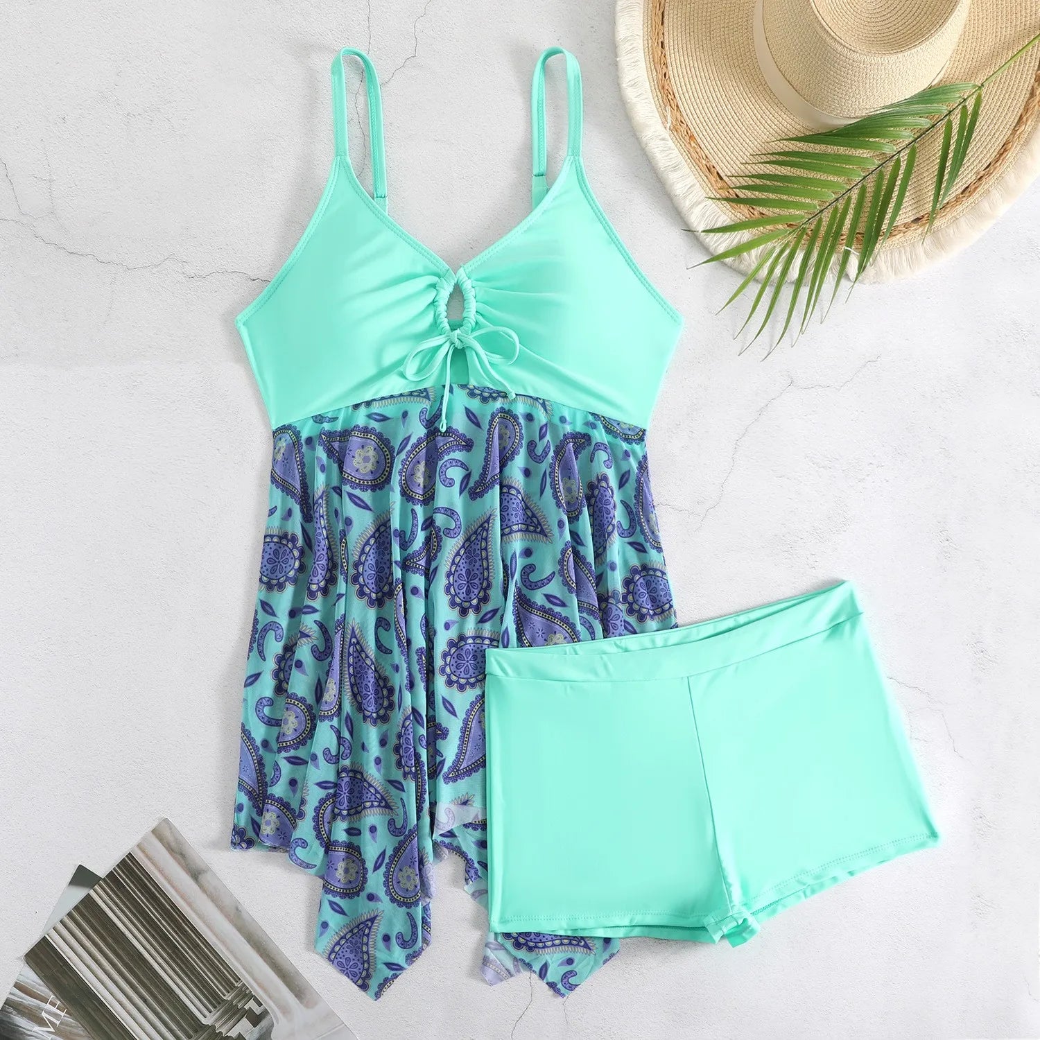 Women Tankini Sleeveless V Neck Tankini Top Plus Size High Waist Shorts Two Piece Swimsuit Floral Print Swim Tankini Swimwear