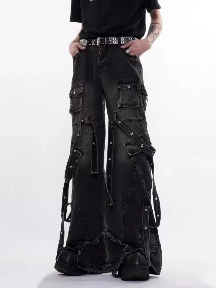 Punk Y2K Style Multi Pockets Washed Black Baggy Cargo Jeans Pants For Men Clothing Wide Leg New Rock Luxury Long Trousers