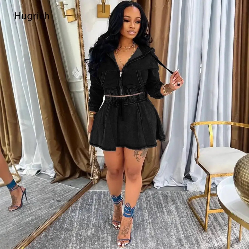 Hooded Long Sleeve Skirt Romper Washed Grey Zip Front Elastic Gathered Waist Drawstring Flared Hem Women Casual Jumpsuit
