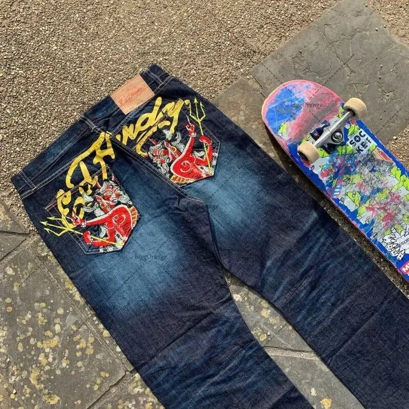 Straight Leg Denim Pants Skull Rose Flame