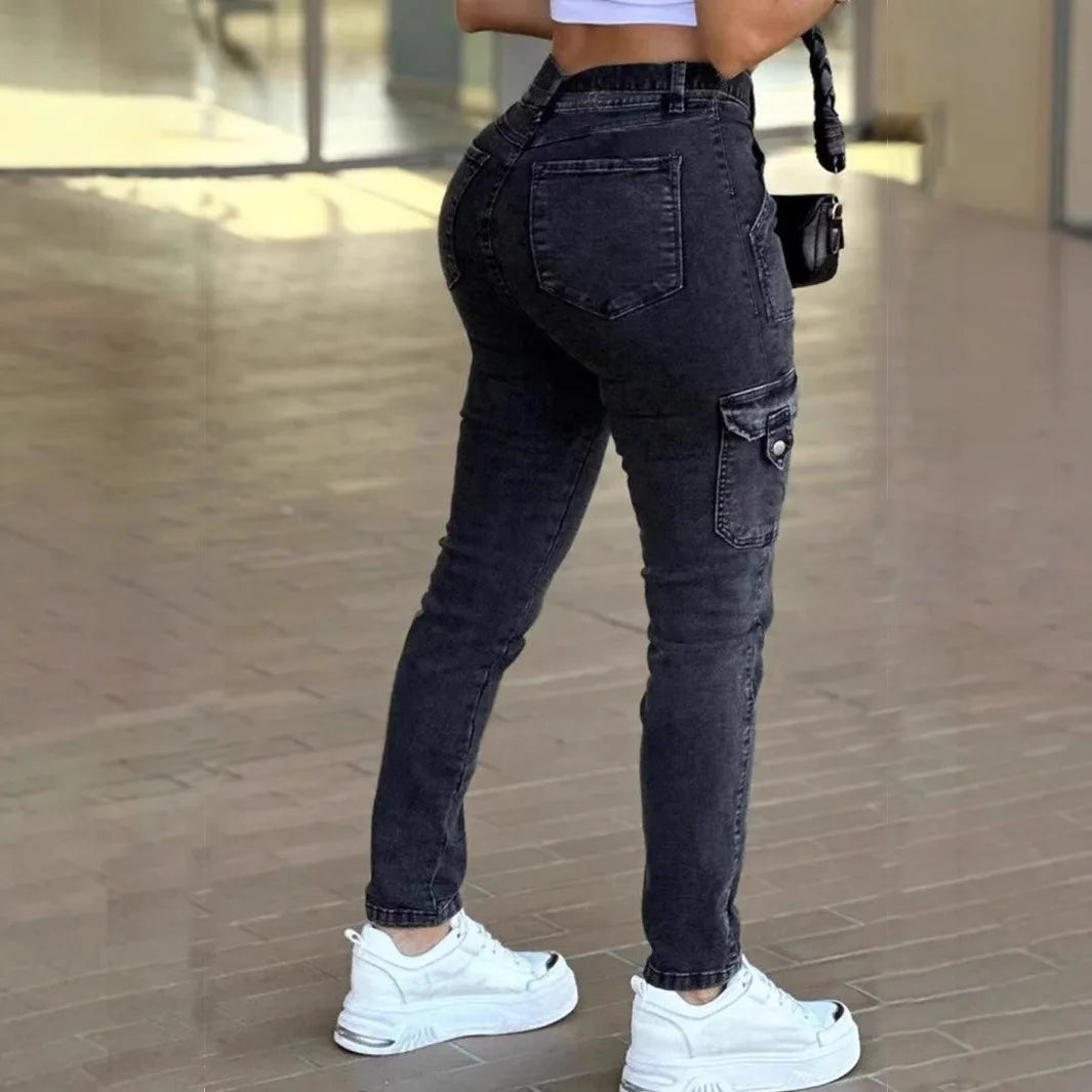 Europe and The United States Foreign Trade New Belt Women's Classic Sexy Tight Small Foot Pants High Spring Washed Cargo Jeans