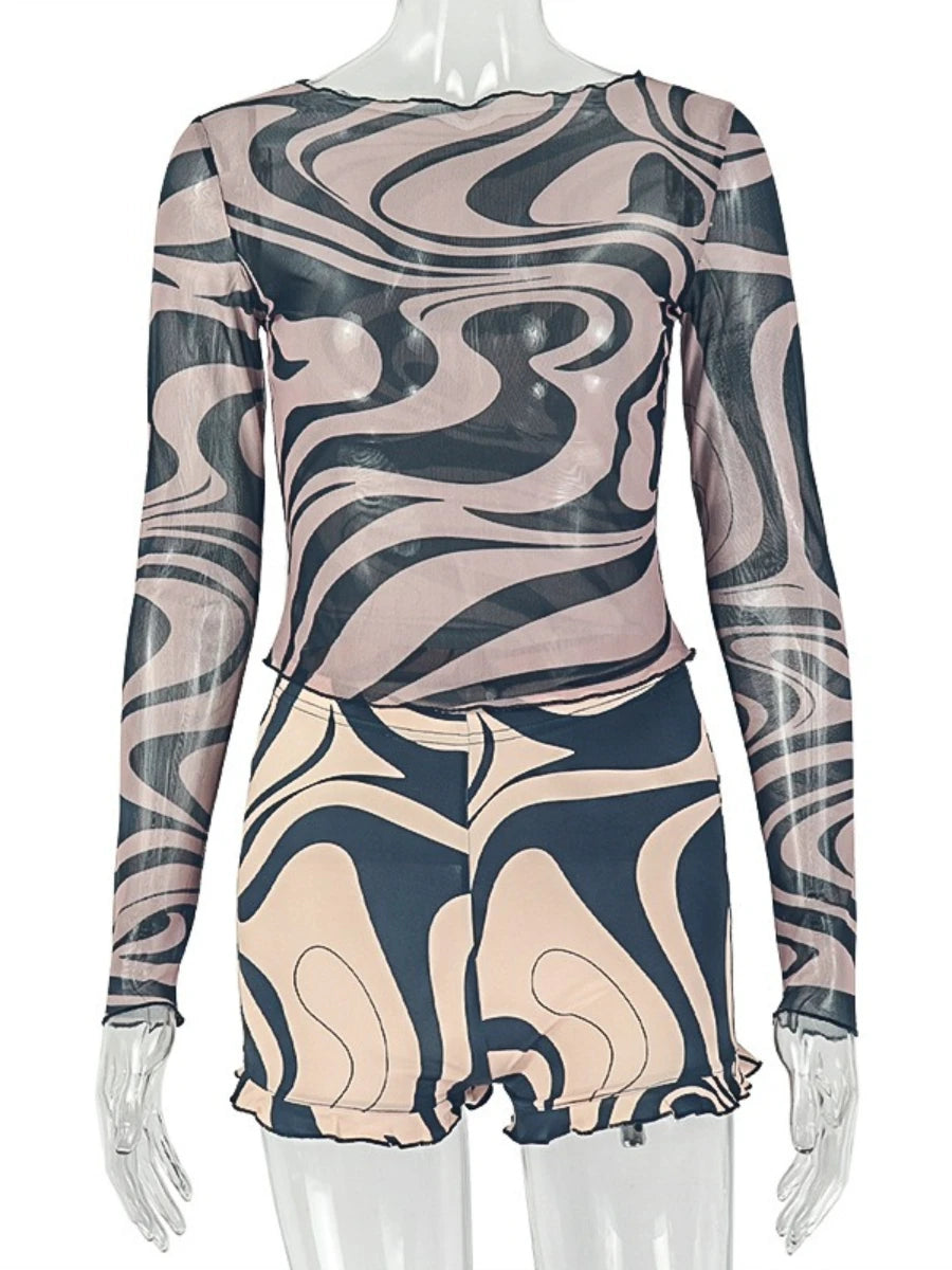 Foamlina Women 2 Piece Outfit Striped Print Sheer Mesh Long Sleeve Top Ruffled Shorts Set Summer Club Party Matching Tracksuit