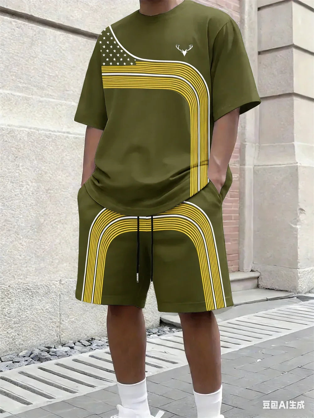 Men's Stripe Print Comfortable Breathable Round Neck T-shirt Shorts Set Outdoor High Street Clothing T-shirt Sets