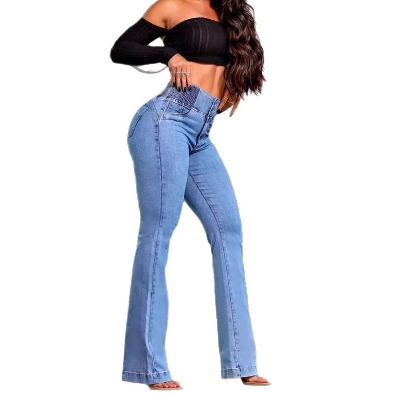 Retro Elastic High-Waist Jeans Slim Bootcut Butt-Lifting Tummy Control Curvy-Friendly Denim Trousers