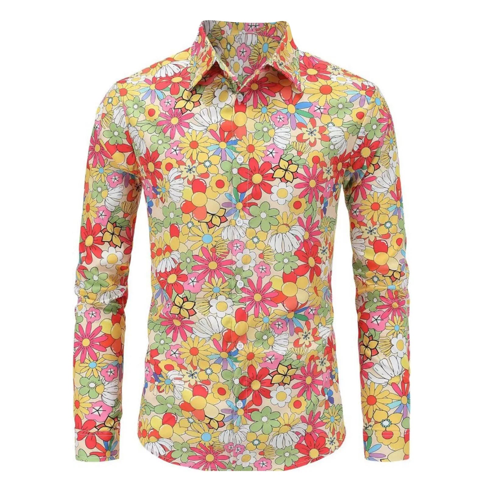Men's Colorful Floral Print Long Sleeve Shirts Hippie Style Retro Flower Pattern Button Down Blouse Casual Hawaiian Summer Shirt