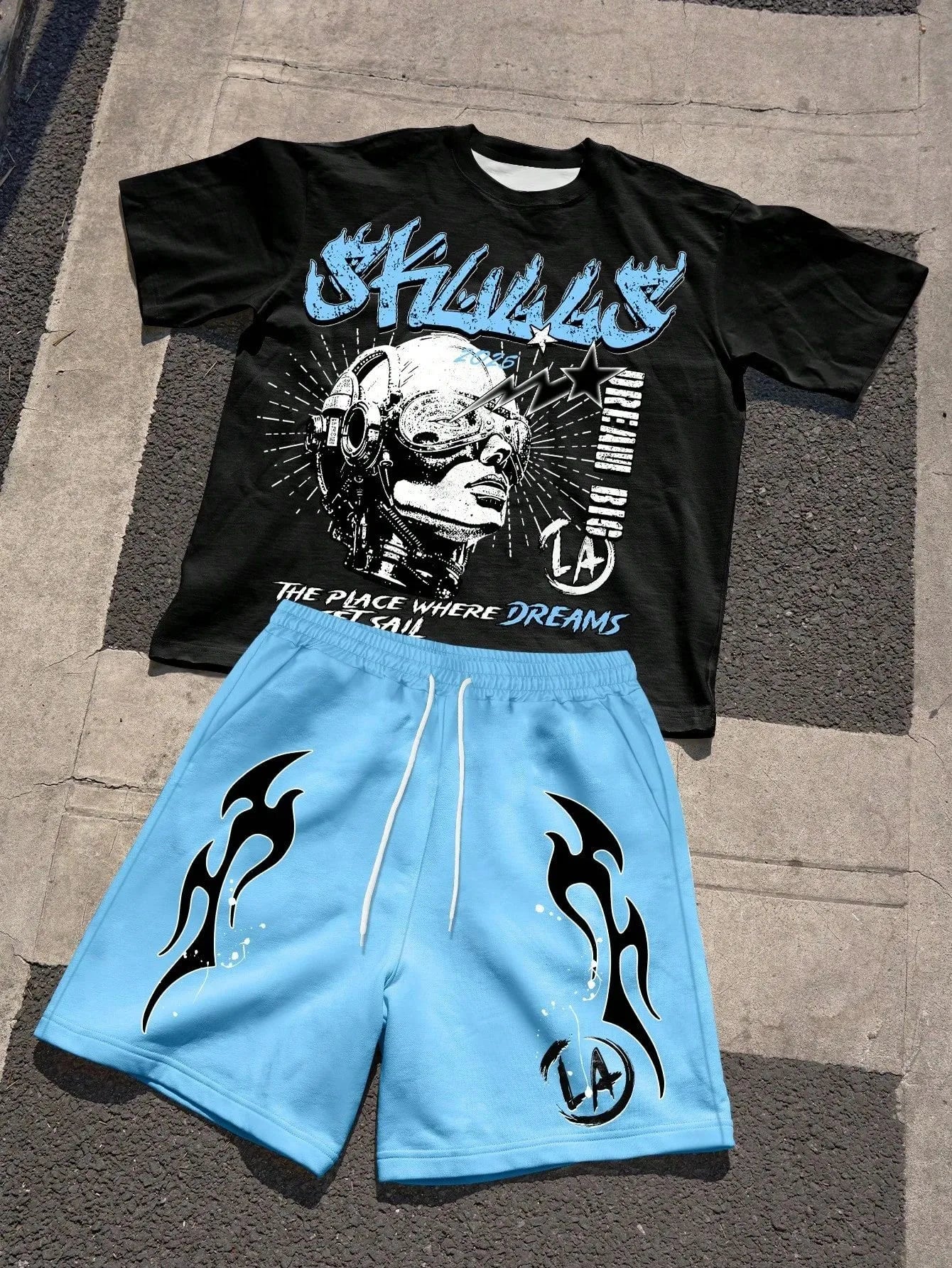 Men's Short-Sleeved Shorts Set with 3D Letter Pattern Printing - Street Casual Fashion Comfortable and Soft