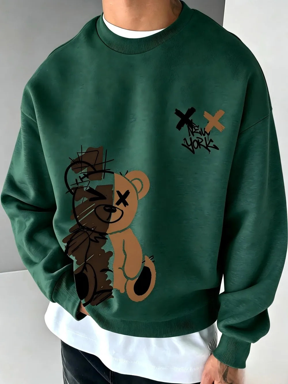 American men's autumn spliced teddy bear letter print soft and comfortable round neck long sleeved T-shirt outdoor casual top