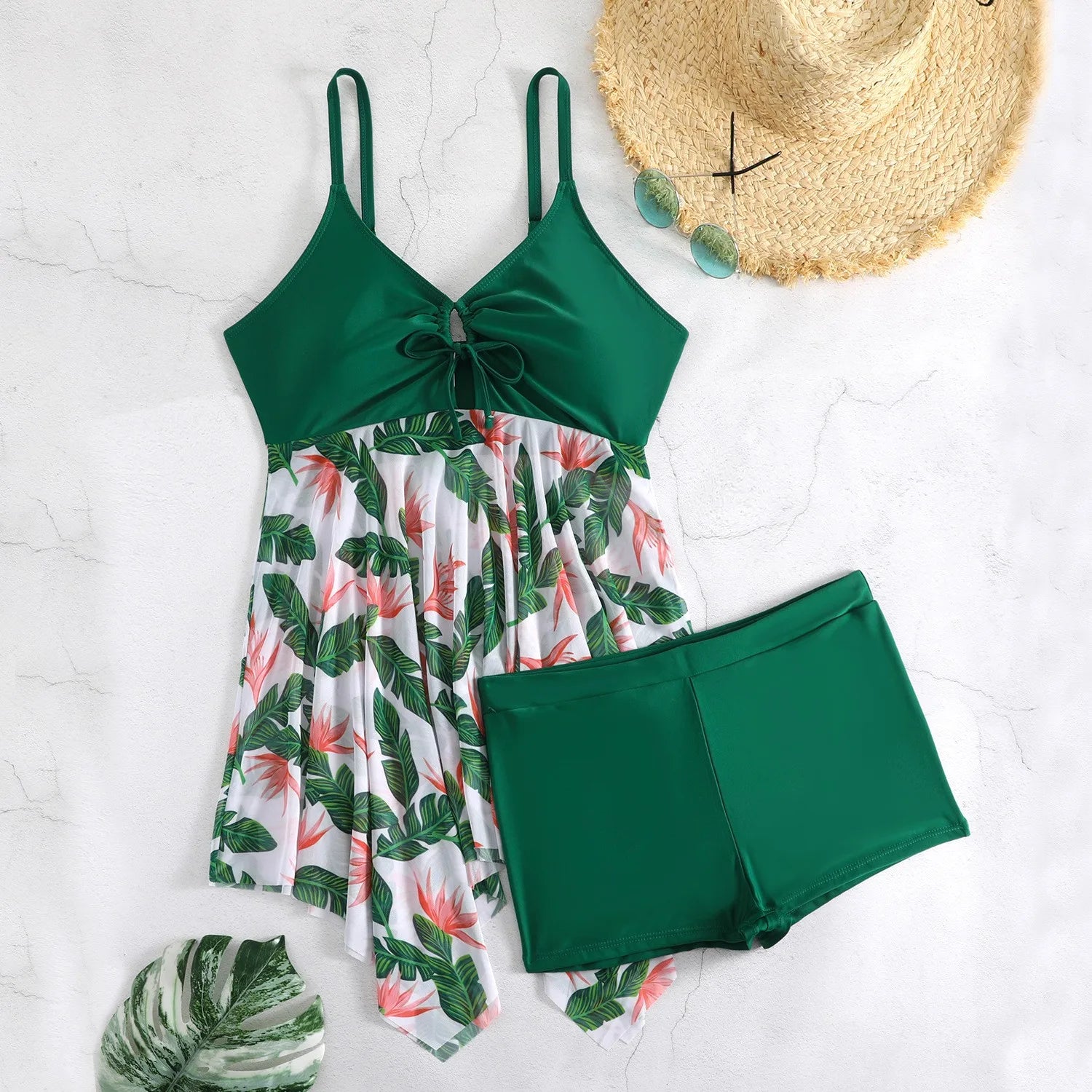 Women Tankini Sleeveless V Neck Tankini Top Plus Size High Waist Shorts Two Piece Swimsuit Floral Print Swim Tankini Swimwear