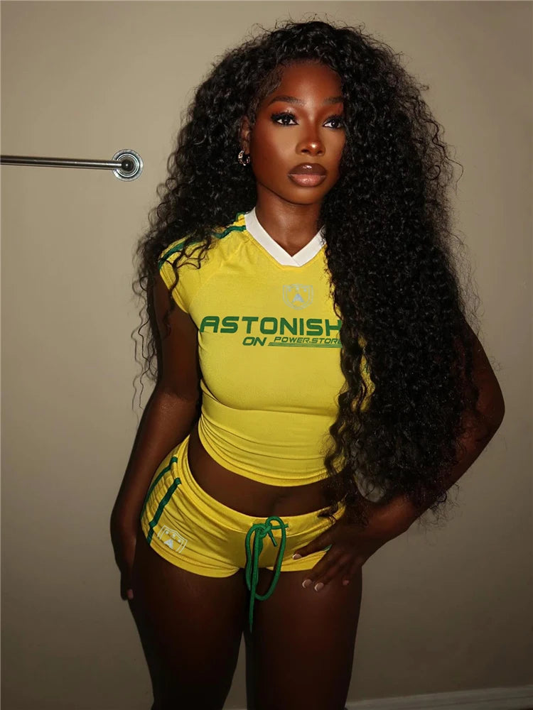 Casual Sporty 2 Piece Set Woman Summer Trend Letter Print V-Neck Tank Tops+Drawstring Shorts Daily Simple Tracksuits