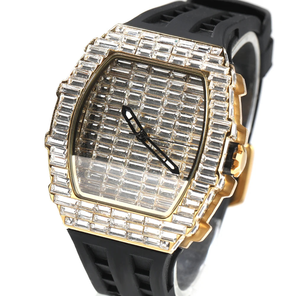 Full Iced Out Baguette Stones Square Watch With Silicone Strap