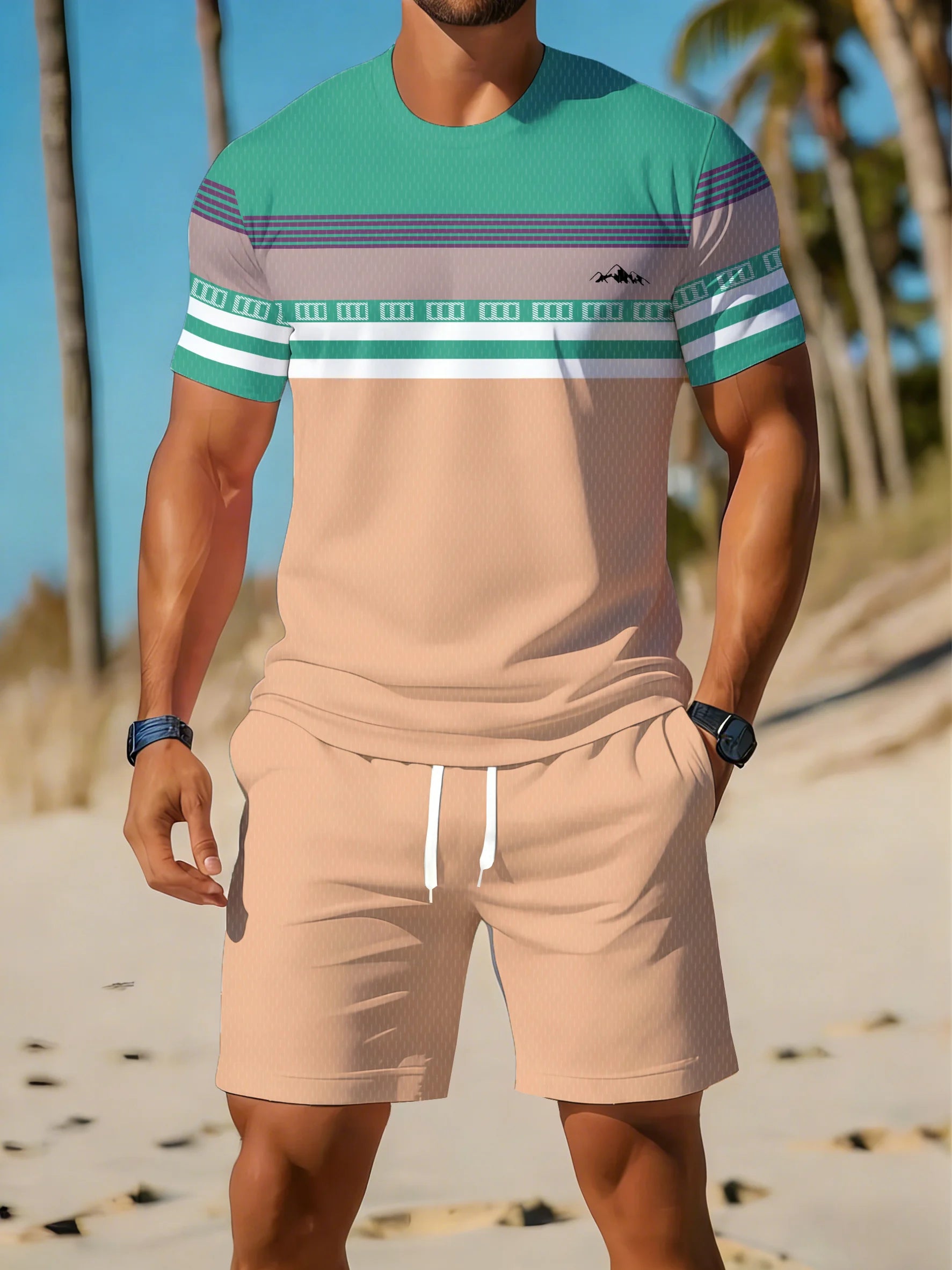 Men's Short-Sleeved Shorts Set - Street Casual Fashion Comfortable Soft Breathable 3D Stripes Pattern Print