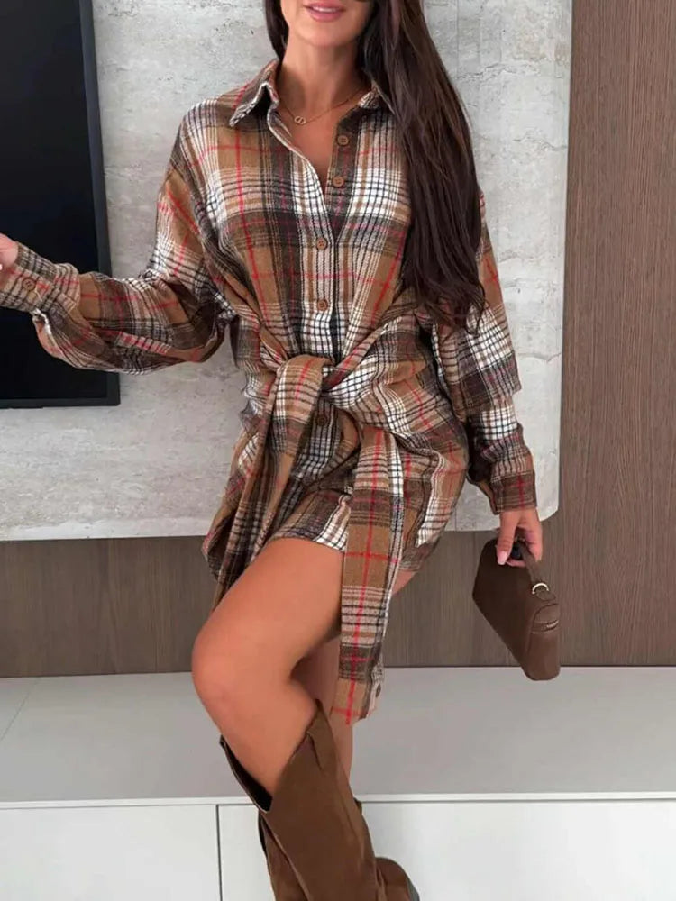 Women's long lace up spring and autumn new style checkered shirt with lapel button and long sleeved urban commuting style shirt