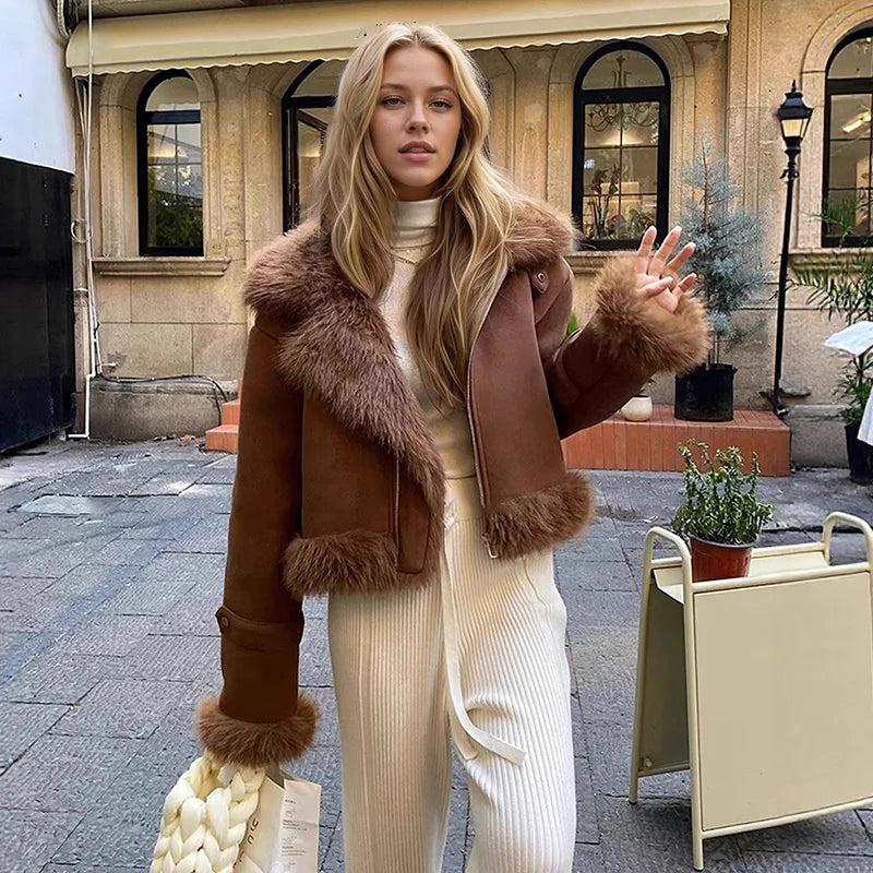 Urban Faux Fur Patchwork Women Thicken Jacket Solid Lapel Long Sleeve Female Outwear 2026 Autumn Winter All-match Lady Outfit