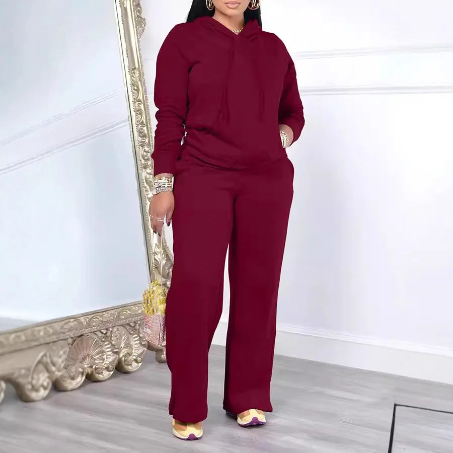 Solid Color Hooded Sweatshirt Pants Casual Long-sleeved Autumn Winter Suit Two Piece Set Women Outfit 2025