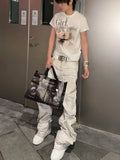 Men's Stacking Effect Casual Pants Dirty White Streetwear Boy Bottom Wide-leg Trousers High Waist Sweatpants Male Long Pants