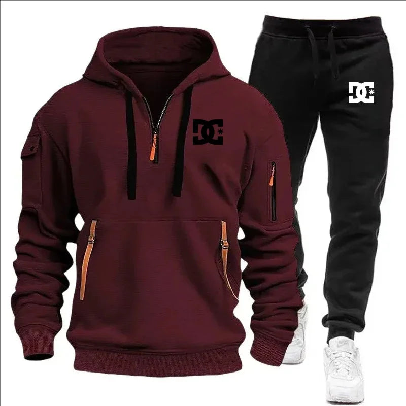 2Pcs Fleece Lined Outfit Autumn Winter Half Zip Hooded Sweatshirt High Waist Jogger Pants With Zipper Pockets Set