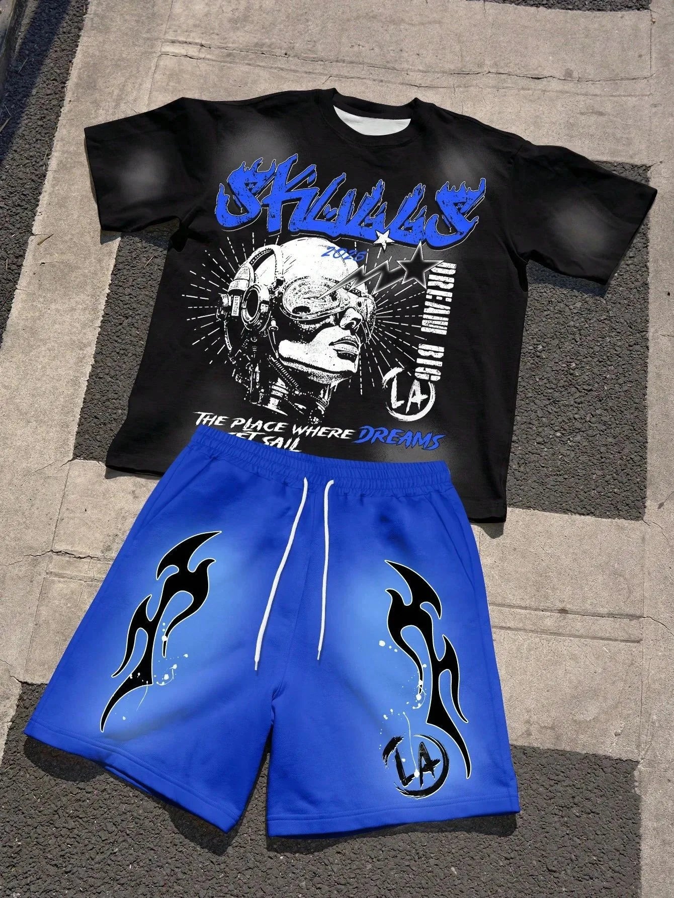 Men's Short-Sleeved Shorts Set with 3D Letter Pattern Printing - Street Casual Fashion Comfortable and Soft