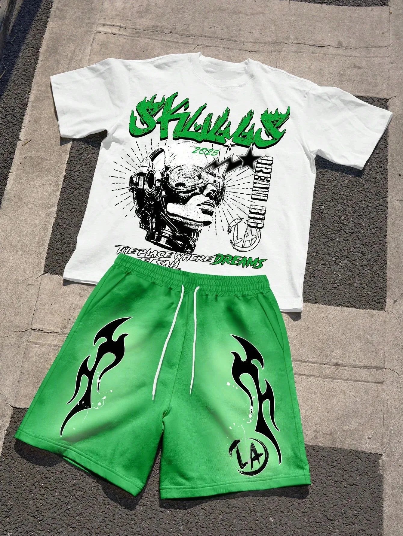 Men's Short-Sleeved Shorts Set with 3D Letter Pattern Printing - Street Casual Fashion Comfortable and Soft