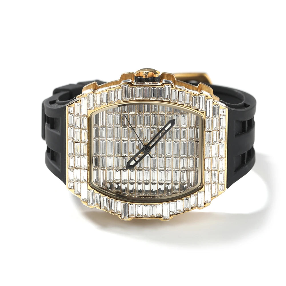 Full Iced Out Baguette Stones Square Watch With Silicone Strap