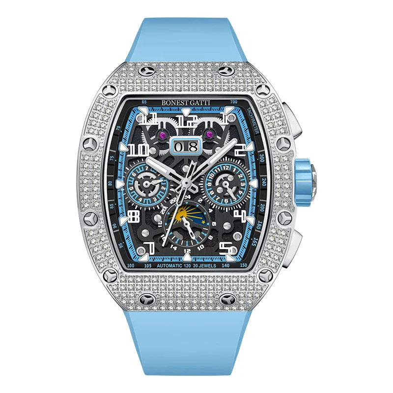 Men Automatic Mechanical Watch Stainless Steel Skeleton Dial Sapphire Glass Waterproof Luxury Moissanite Wristwatch