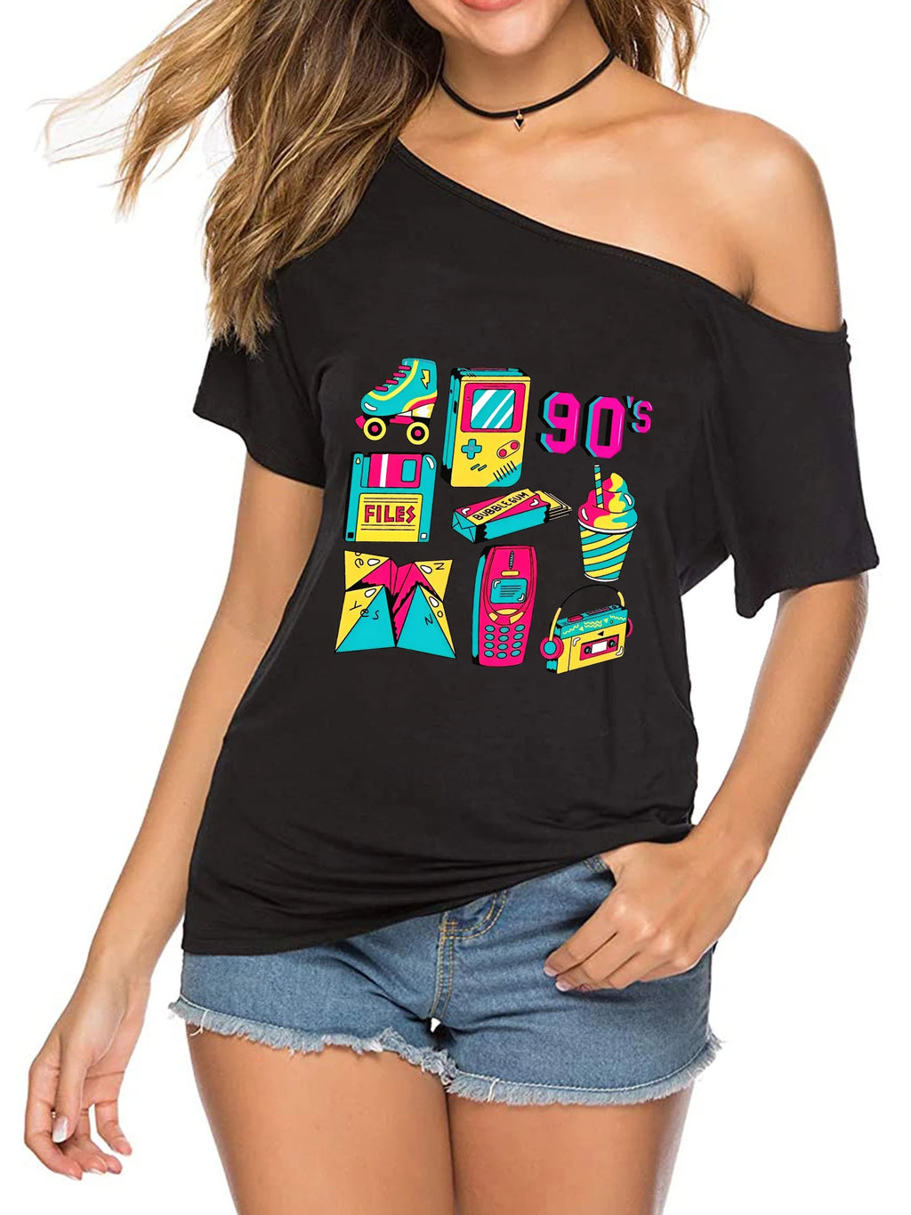 Fashion Women's Off-Shoulder T-Shirt 90's Retro Graphics Printed Short Sleeve Top Tees for Casual Wear