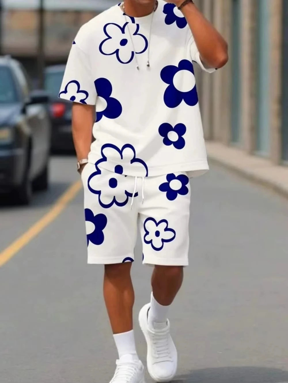Men's Retro Minimalist Printed Street Fashion T-shirt and Shorts Set  Sports and Casual Breathable Quick Drying Set