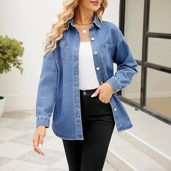 New Washed Loose Long-sleeved Denim Shirts for European American Women, Spring and Autumn Fashionable Four-button Shirt Jackets