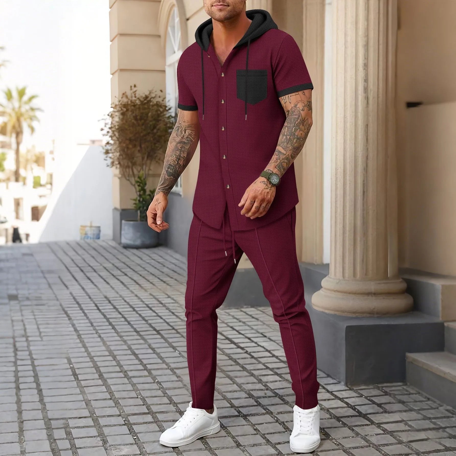 Men's new waffle knit hooded small zipper casual long-sleeved top and long pants two-pie