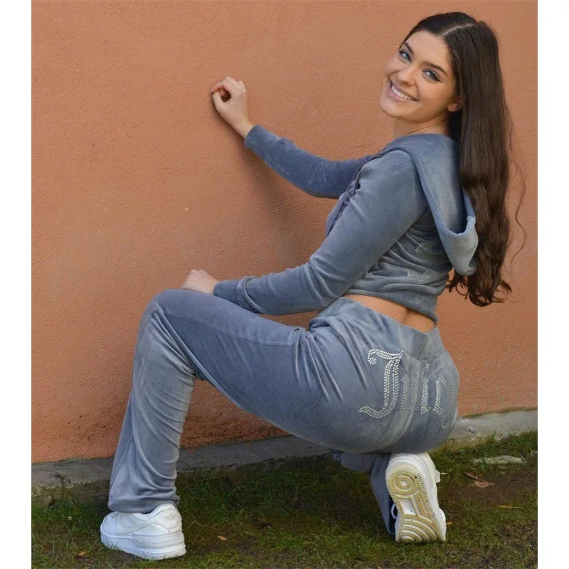 2 Pieces Women Sets 2026 New Fashion Diamond Velvet Hoodies + Long Pant Casual Letter Print Two-Piece Suits Women's Clothing