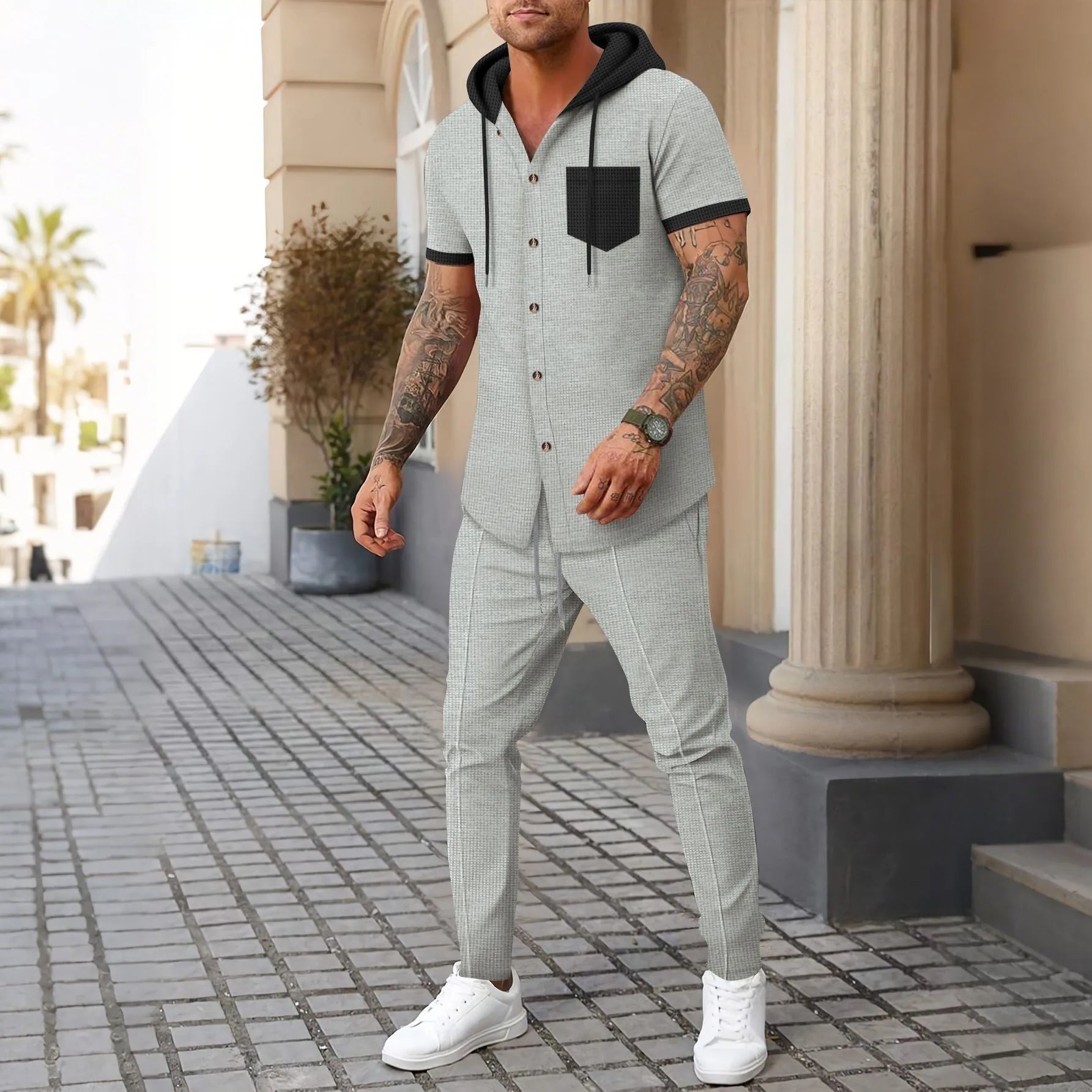 Men's new waffle knit hooded small zipper casual long-sleeved top and long pants two-pie