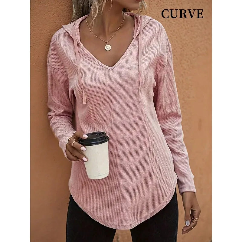 Plus Size 1XL-5XL New Women's V-neck Long Sleeve Hoodie Sweater Women's Drawstring Pullover Top