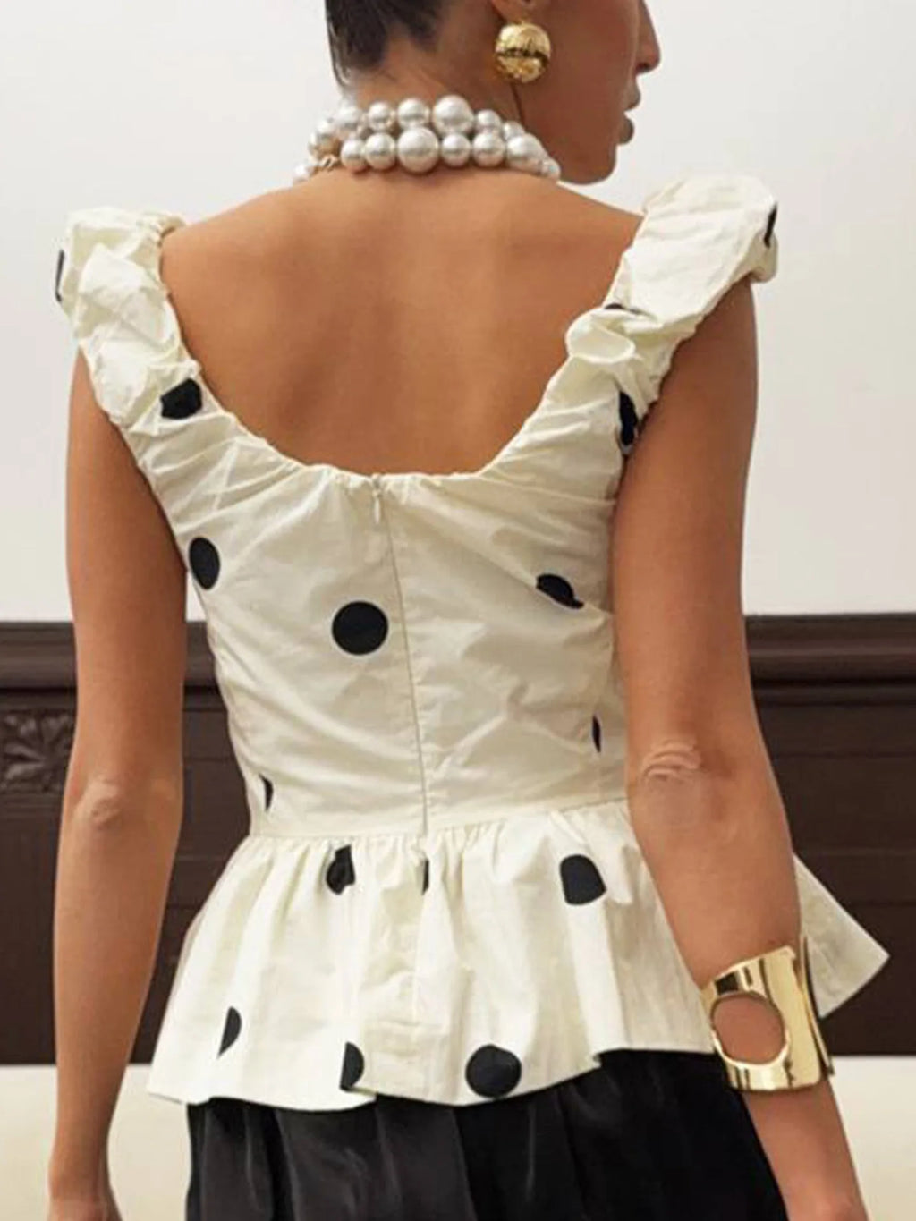Women 2 Piece Polka Dot Dress Set French Vintage V Neck Ruffle Peplum Top High Waist Flare Midi Skirt Elegant Party Outfits