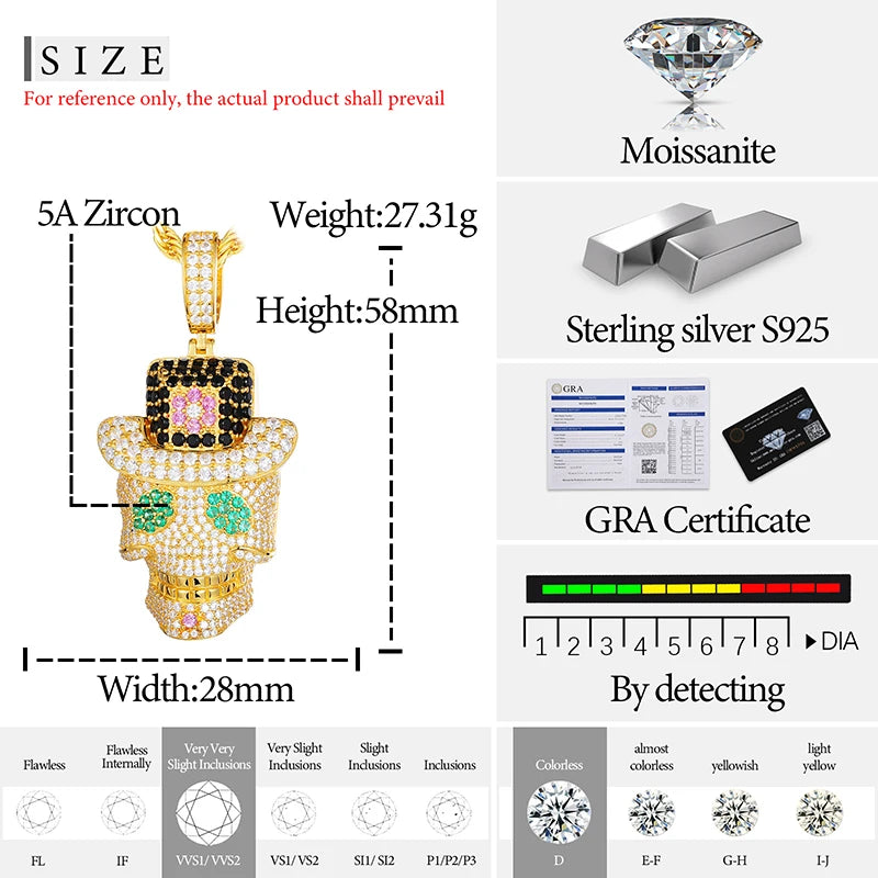 High Quality Skull Pendant Silver 925 Moissanite Iced Out Pendant