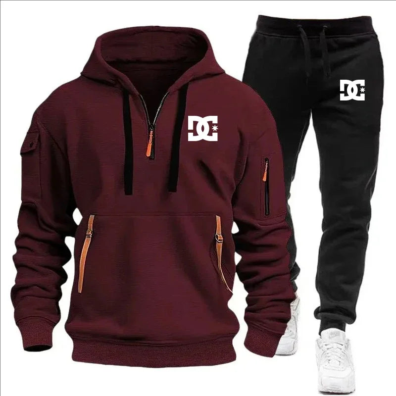 2Pcs Fleece Lined Outfit Autumn Winter Half Zip Hooded Sweatshirt High Waist Jogger Pants With Zipper Pockets Set