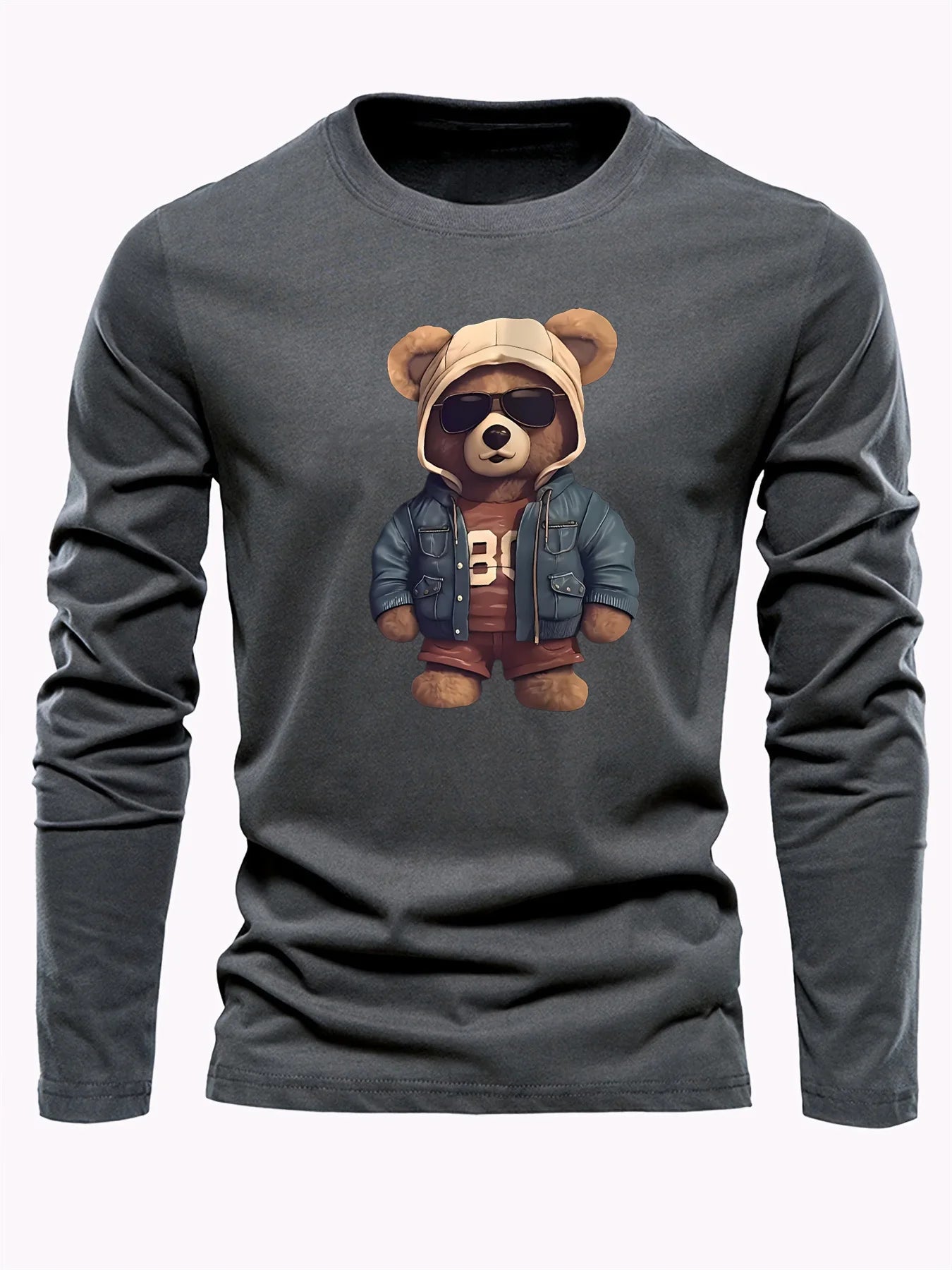 Men's casual long sleeved round neck loose bear pattern printed autumn and winter T-shirt top versatile