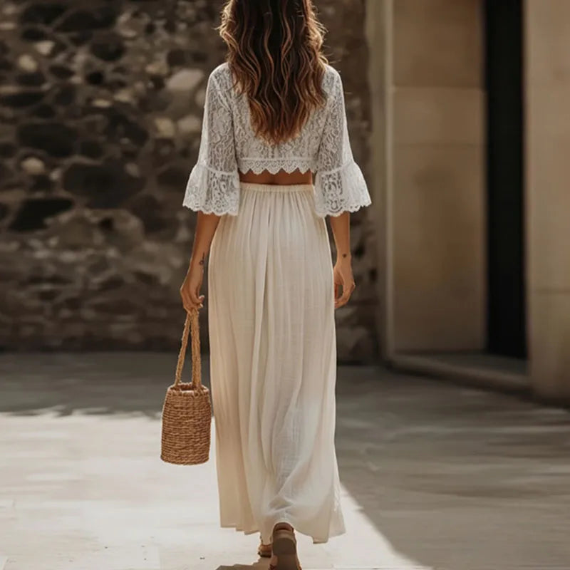 Womens Bohemian Lace Two Piece Set Sexy Deep V Neck Crop Top+High Waist Slit Maxi Skirt Vacation Outfit Flare Sleeve Hollow Suit