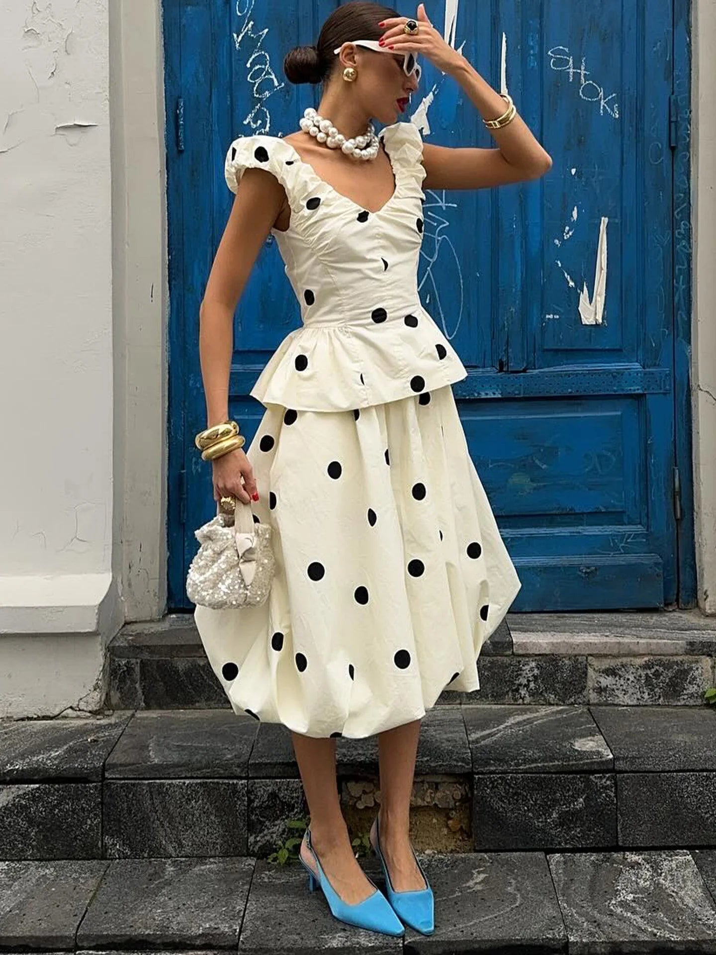 Women 2 Piece Polka Dot Dress Set French Vintage V Neck Ruffle Peplum Top High Waist Flare Midi Skirt Elegant Party Outfits