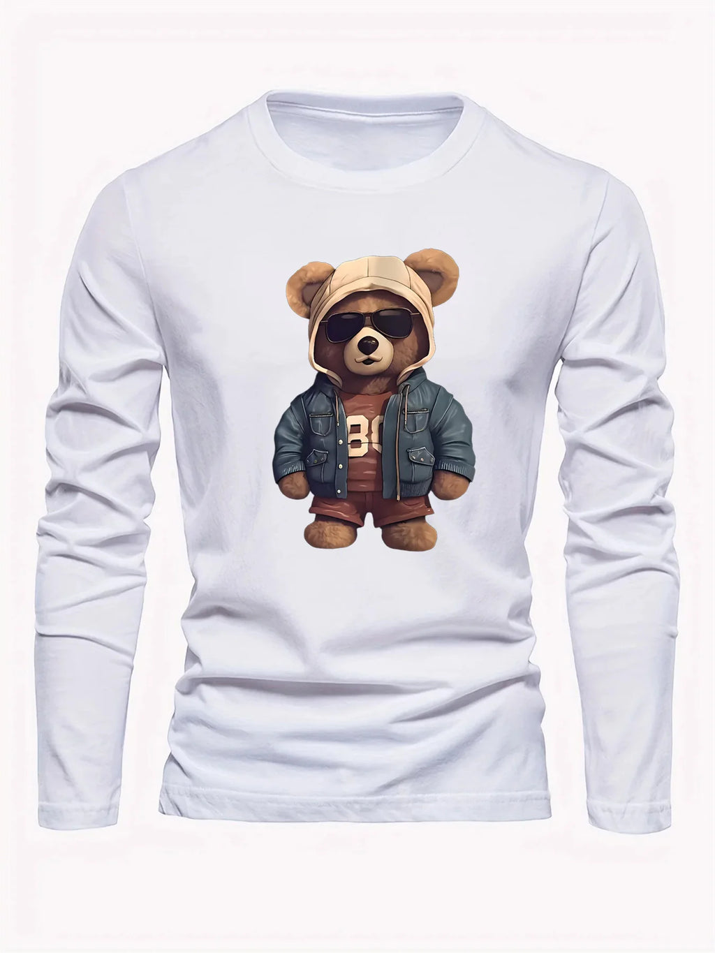 Men's casual long sleeved round neck loose bear pattern printed autumn and winter T-shirt top versatile
