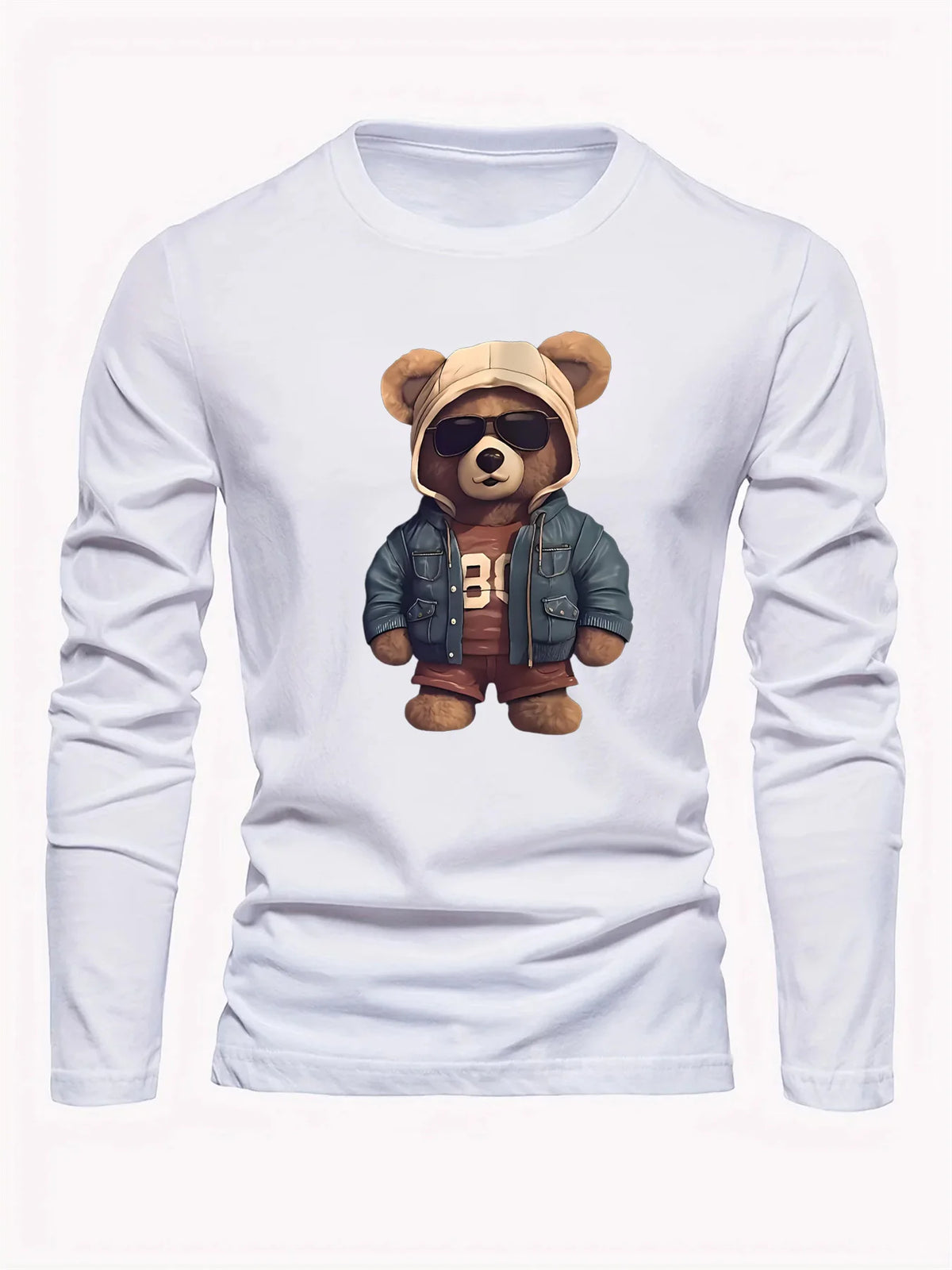 Men's casual long sleeved round neck loose bear pattern printed autumn and winter T-shirt top versatile