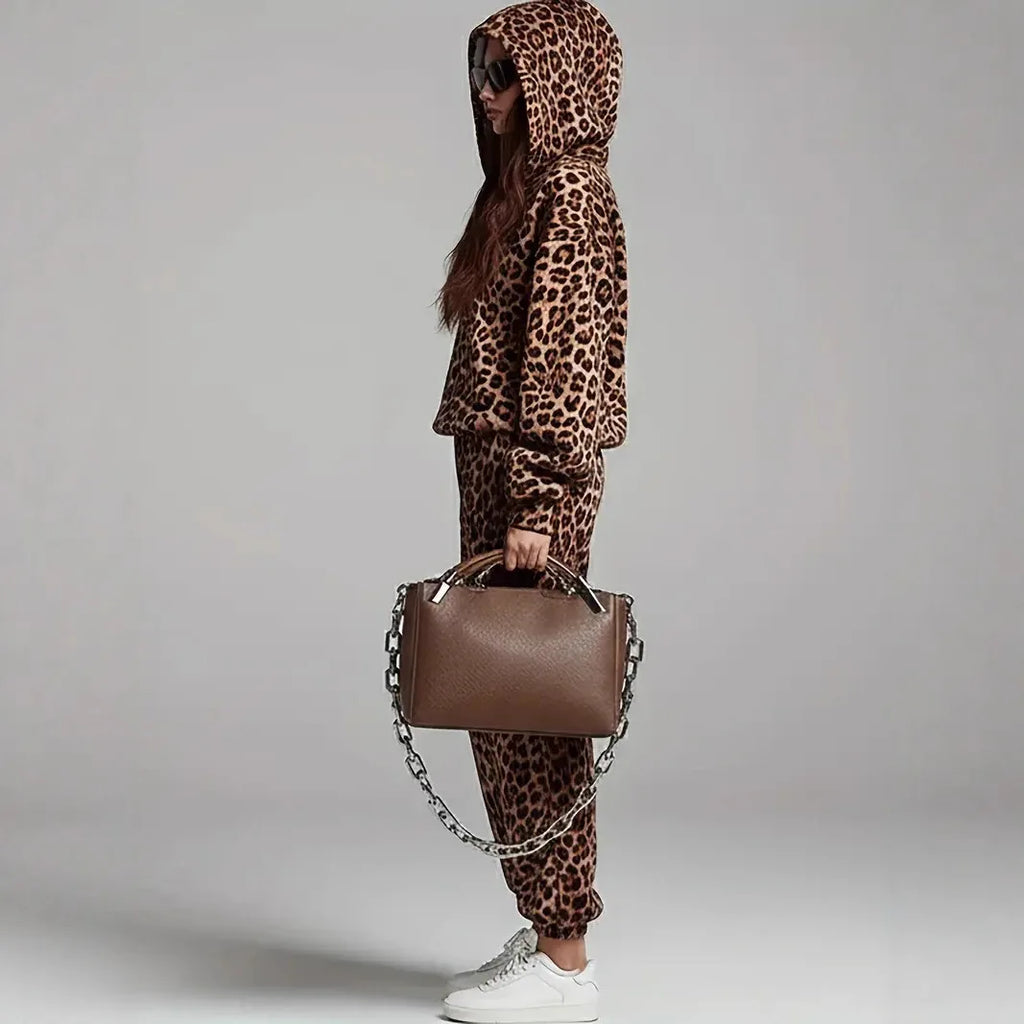 Casual Leopard Print Two-Piece Set Long Sleeve Cuffed Pants Fashionable Autumn Spring Collection Street Style Polyester