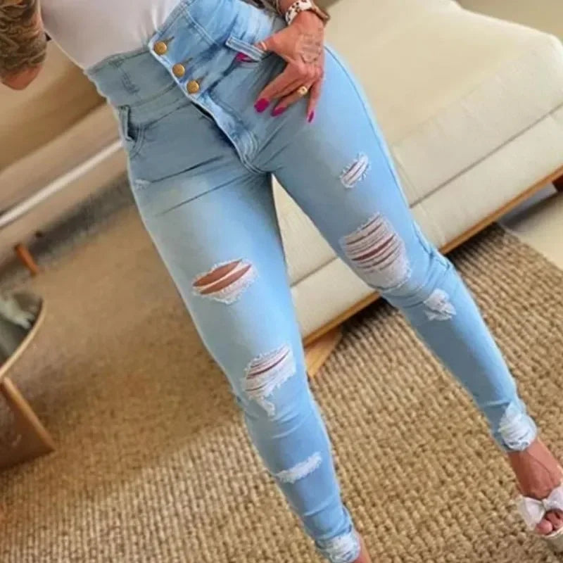 Women Jeans Distressed Denim Pencil Pants