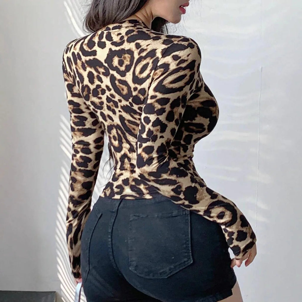 Women Leopard Print Zip Up Long Sleeve Crop Jacket Slim Fit Y2K Sexy Cropped Top