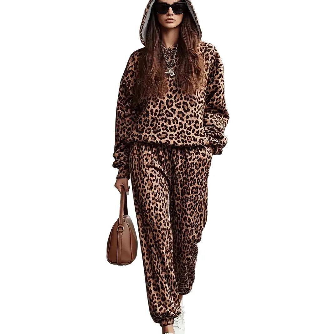 Casual Leopard Print Two-Piece Set Long Sleeve Cuffed Pants Fashionable Autumn Spring Collection Street Style Polyester