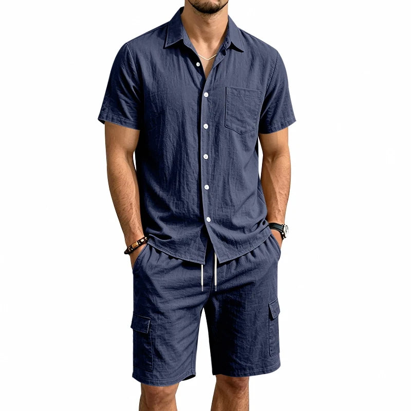 Men Summer American Linen Two Piece Set Short Sleeve Shirt Drawstring Cargo Shorts Loose Casual Outdoor Commute Vacation Outfit