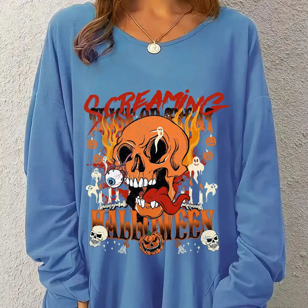 Fashionable plus size long sleeved round neck women's clothing, personalized and quirky skull flame print loose hoodie