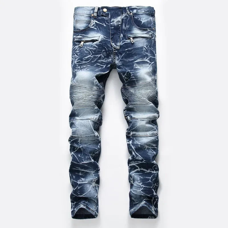 Men's New Style High Street Motorcycle Fashion Stretch Slim Straight Denim Trousers Male