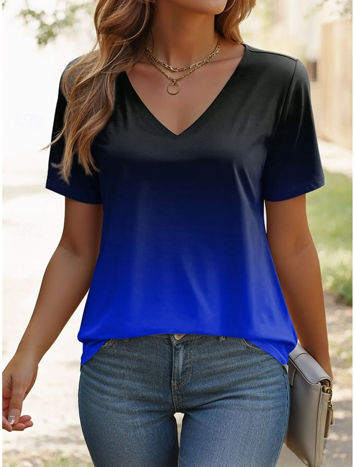 Women's T Shirt Ombre Graphic Stylish Casual Short Sleeve V Neck Regular Tops Daily Print Summer Gradient Women Fashion Tees